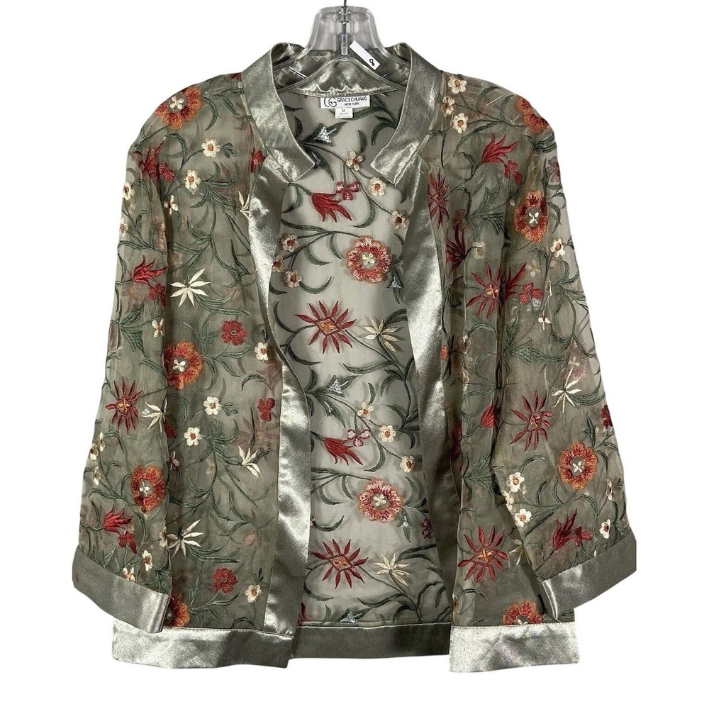 Grace Chuang Silk Organza Open Front Jacket M Embroidered Floral Sheer Blazer